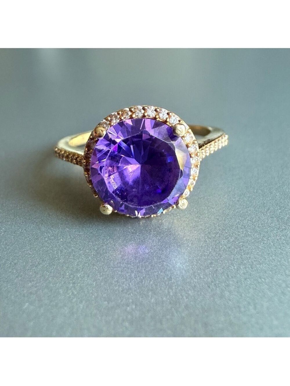 Solid 10k Gold Lab Amethyst & Cubic Zirconia Halo Ring Signed CAL Design…